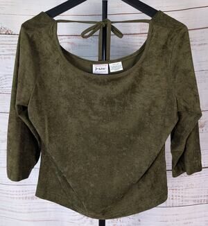 Vintage Y2K Velvet Crop Top Large Olive Green Tie Back Cyber Goth Fairy Grunge